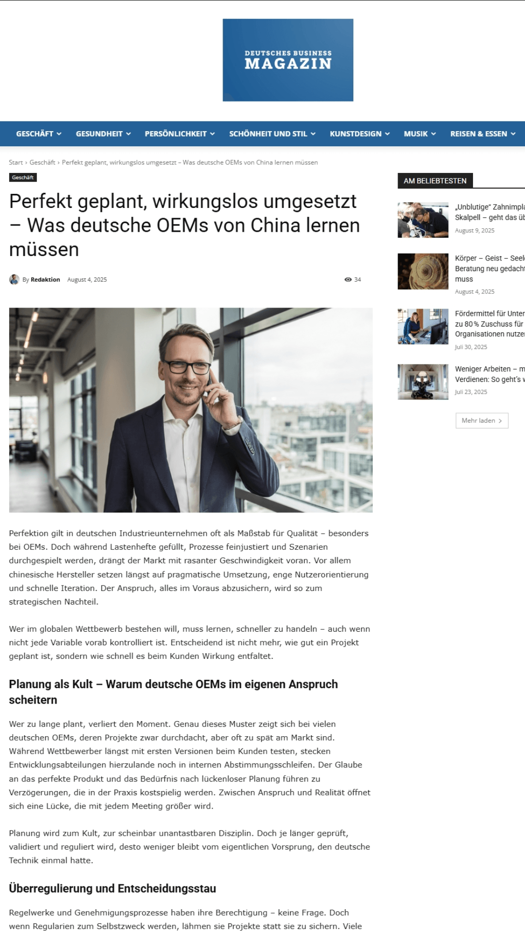 Artikel bei Deutsches Business Magazin: Perfekt geplant, wirkungslos umgesetzt: Was deutsche OEMs von China lernen müssen