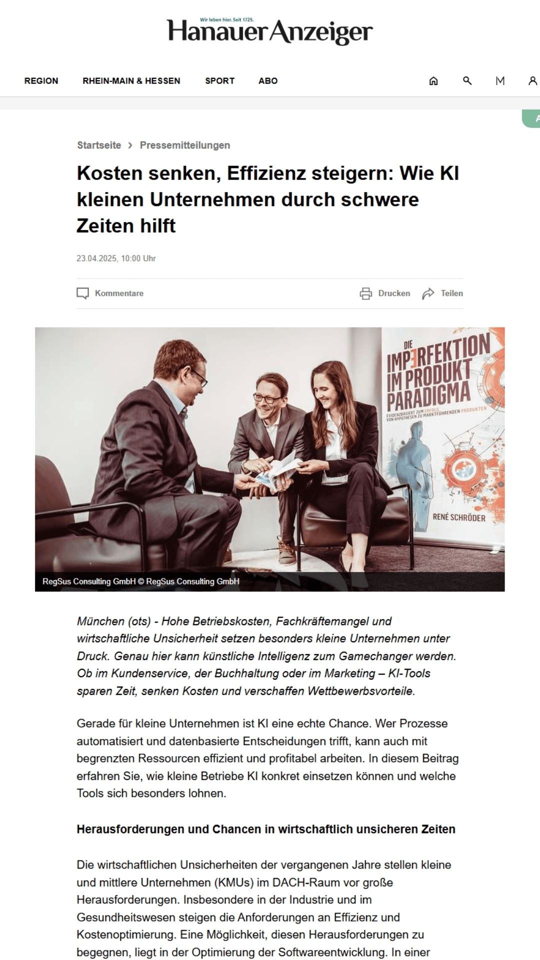 Artikel bei Hanauer Anzeiger: Kosten senken, Effizienz steigern: Wie KI kleinen Unternehmen durch schwere Zeiten hilft