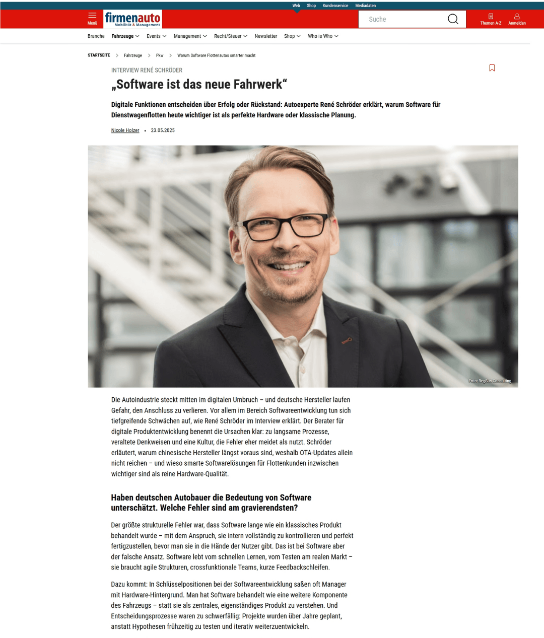 Artikel bei firmenauto: Software-Strategie der Autobauer: René Schröder über Flottenmanagement und Dienstwagen