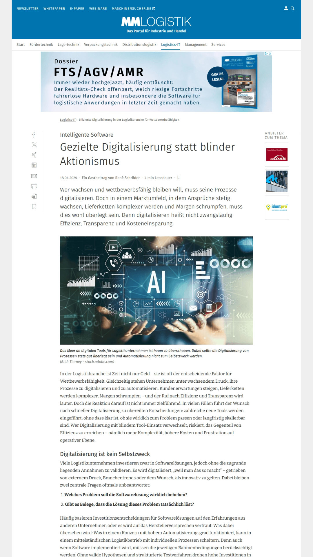 Artikel bei MM Logistik (Vogel): Effiziente Digitalisierung in der Logistikbranche