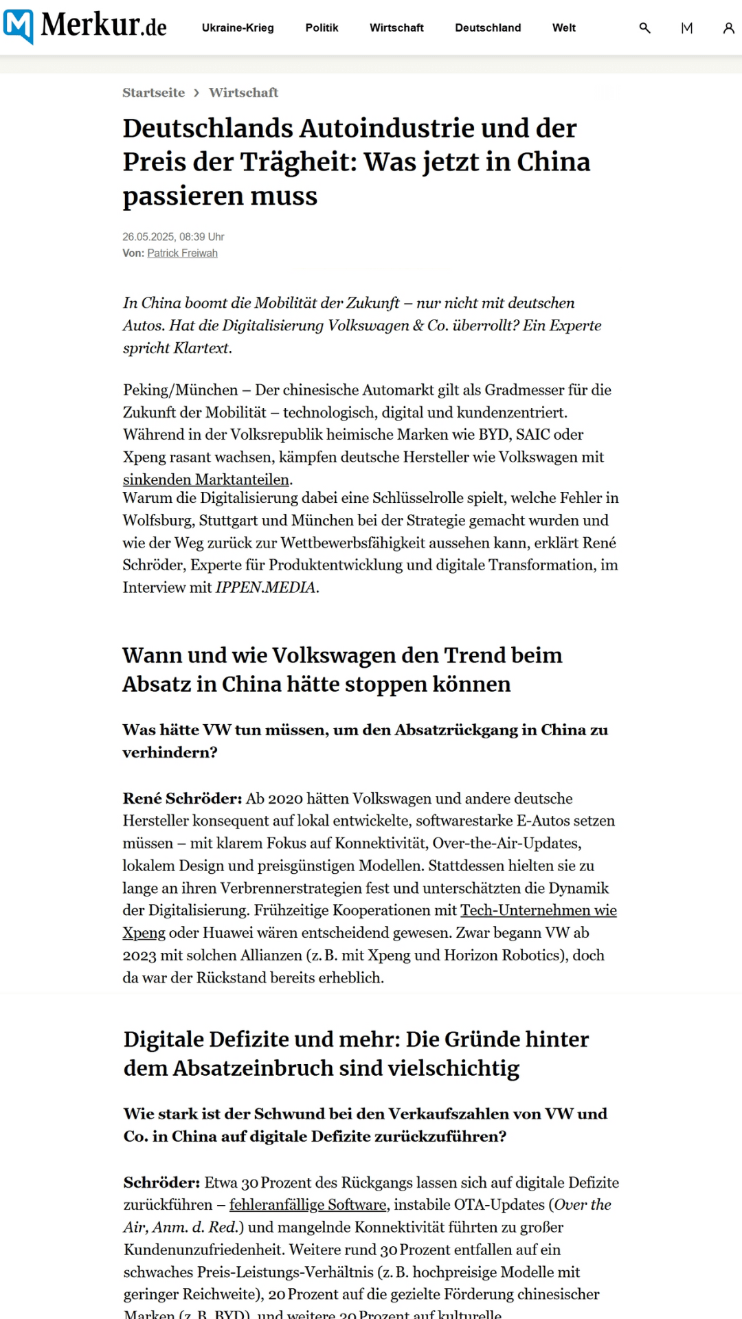 Artikel bei Münchner Merkur: Deutschlands Autoindustrie und der Preis der Trägheit – was jetzt in China passieren muss