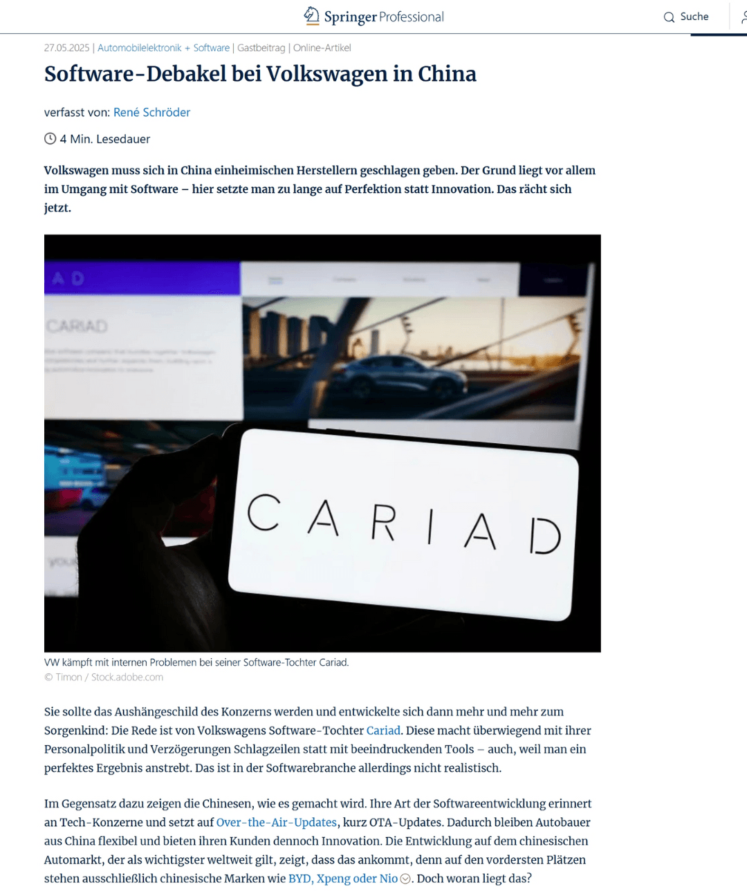 Artikel bei Springer Professional: Software-Debakel bei Volkswagen in China