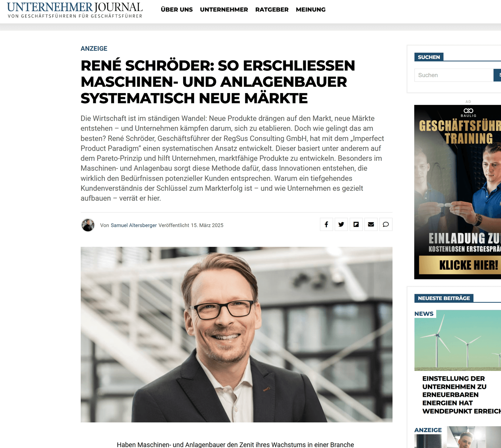 Artikel bei Unternehmerjournal: So erschließen Maschinen- und Anlagenbauer systematisch neue Märkte