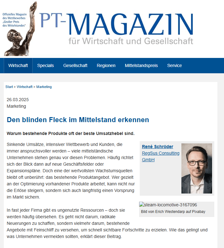 Artikel bei PT-Magazin: Den blinden Fleck im Mittelstand erkennen