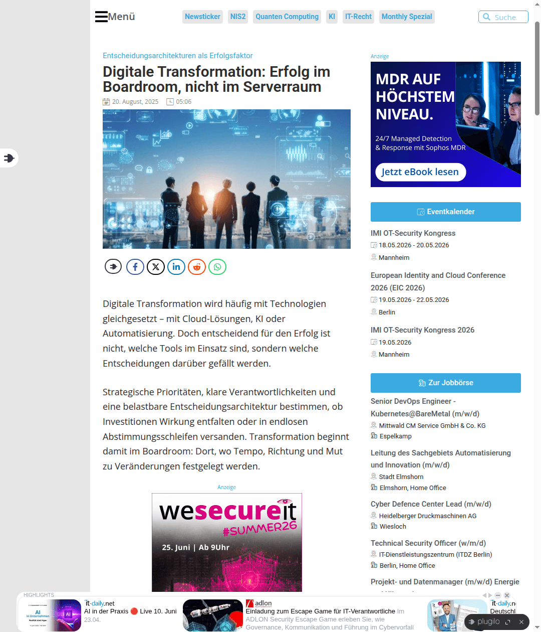 Artikel bei IT-Daily: Digitale Transformation: Erfolg im Boardroom, nicht im Serverraum