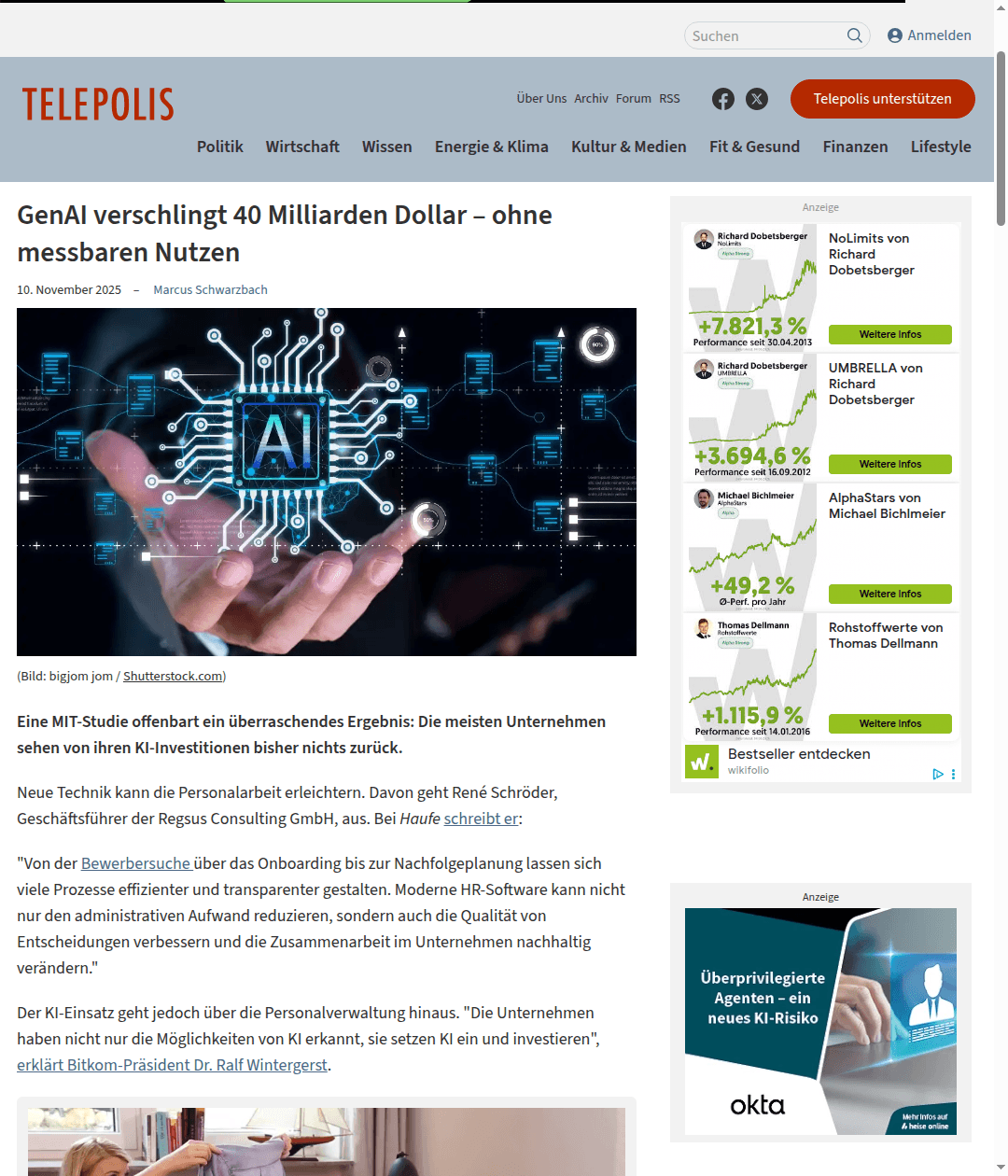 Artikel bei Telepolis: GenAI verschlingt 40 Milliarden Dollar – ohne messbaren Nutzen