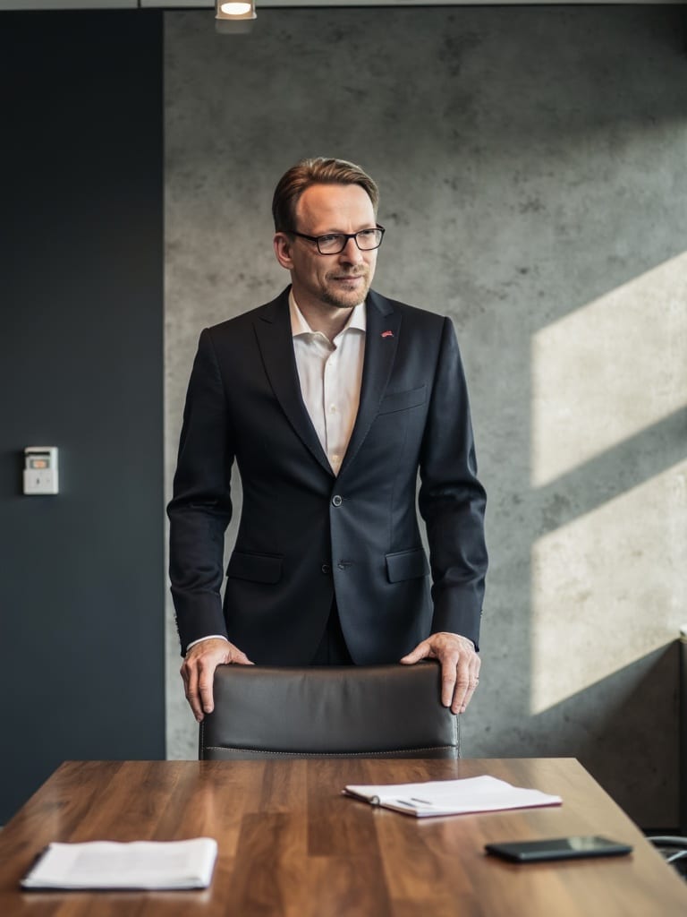 René Schröder im Besprechungsraum hinter einem Stuhl, dunkler Anzug — Porträt zum Beitrag über NIS2-Haftung