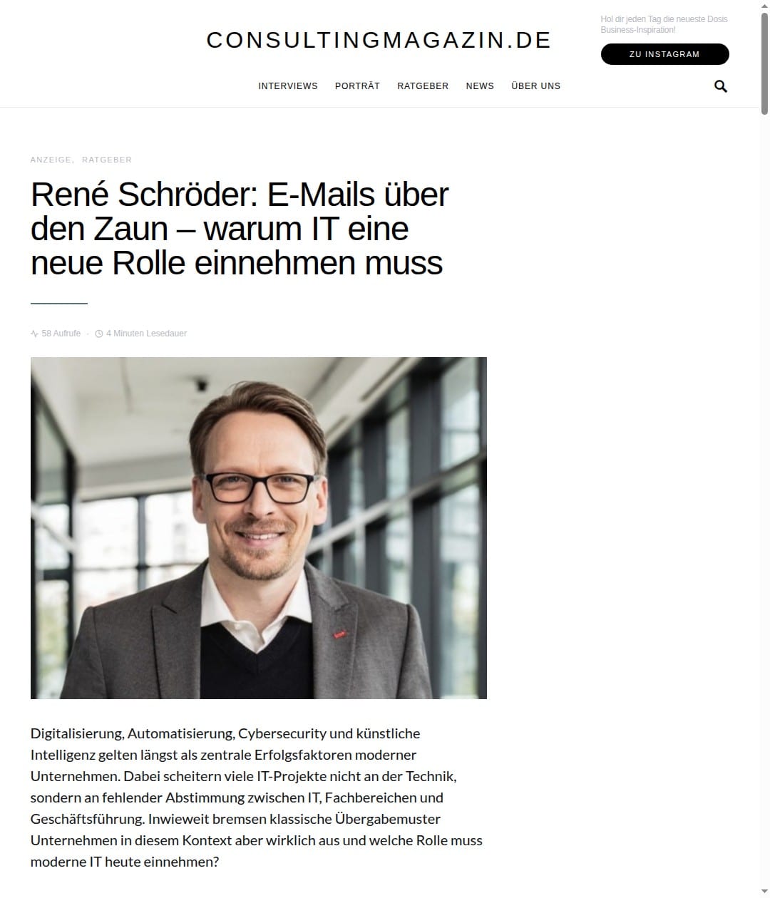 Artikel bei Consulting Magazin: René Schröder: E-Mails über den Zaun – warum IT eine neue Rolle einnehmen muss