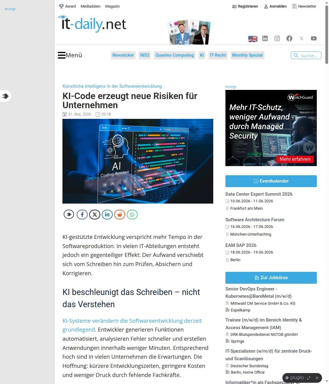 Artikel bei IT-Daily: KI-Code erzeugt neue Risiken für Unternehmen