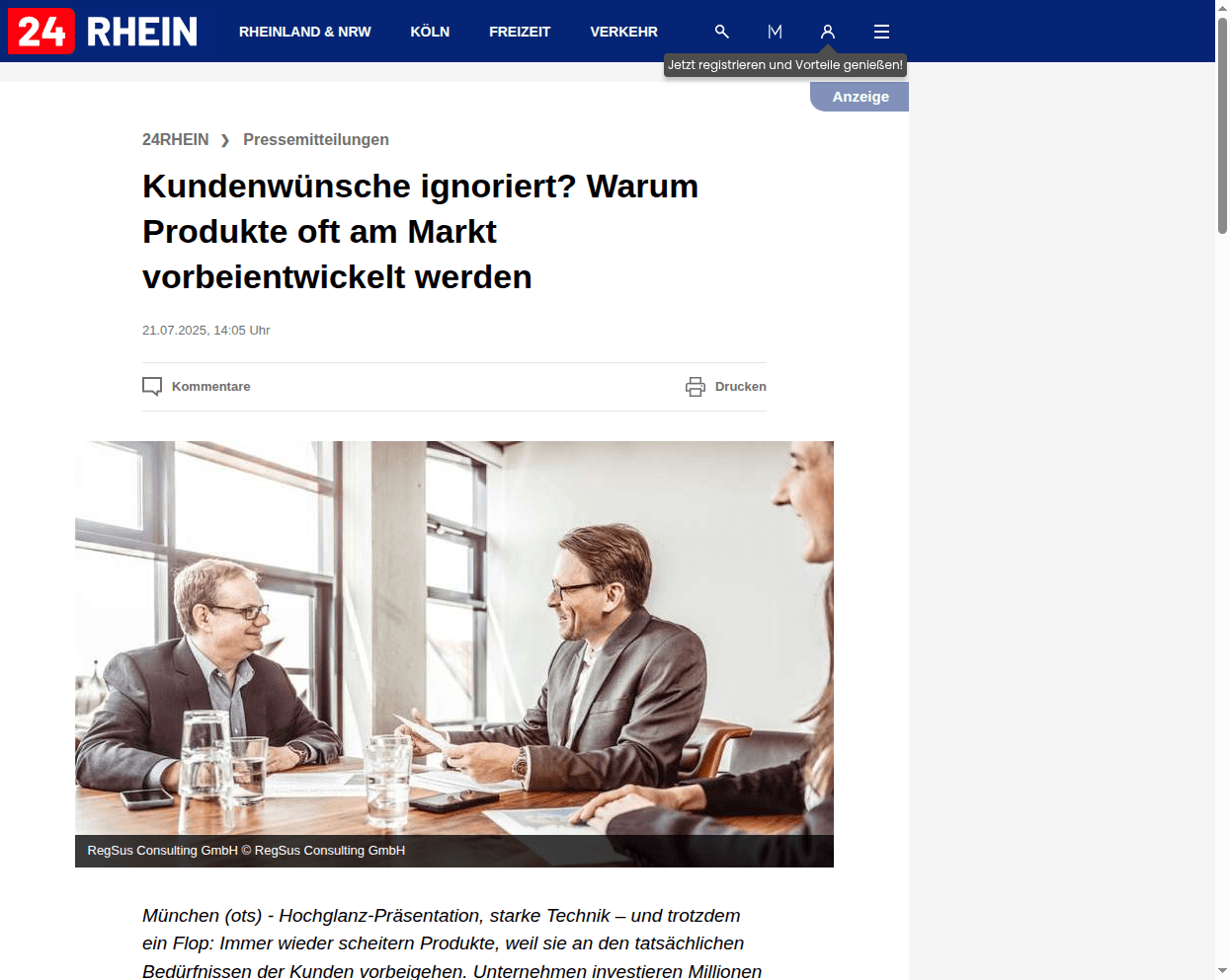 Artikel bei 24RHEIN: Kundenwünsche ignoriert? Warum Produkte oft am Markt vorbeientwickelt werden