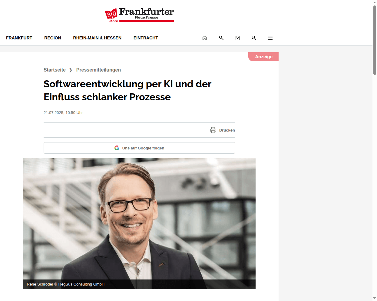 Artikel bei Frankfurter Neue Presse: Softwareentwicklung per KI und der Einfluss schlanker Prozesse