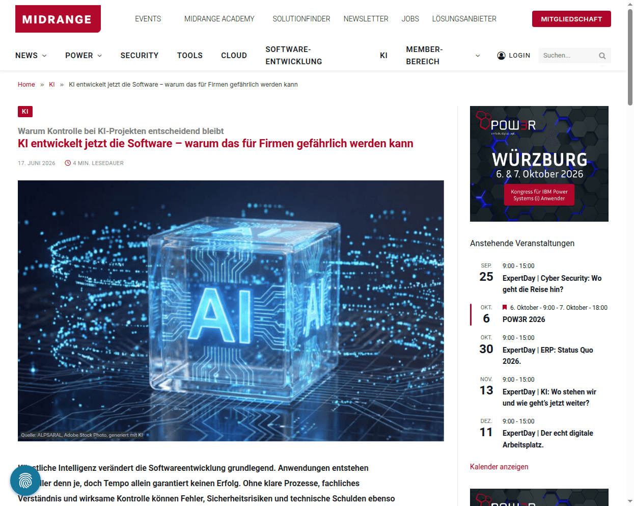 Artikel bei Midrange: KI entwickelt jetzt die Software – warum das für Firmen gefährlich werden kann