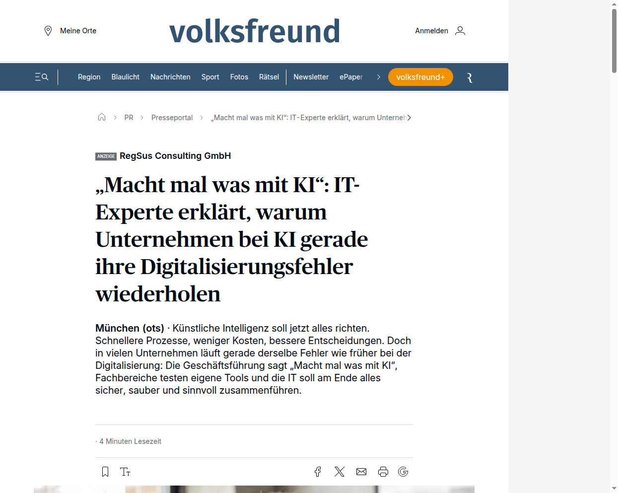 Artikel bei Trierischer Volksfreund: „Macht mal was mit KI": IT-Experte erklärt, warum Unternehmen bei KI ihre Digitalisierungsfehler wiederholen
