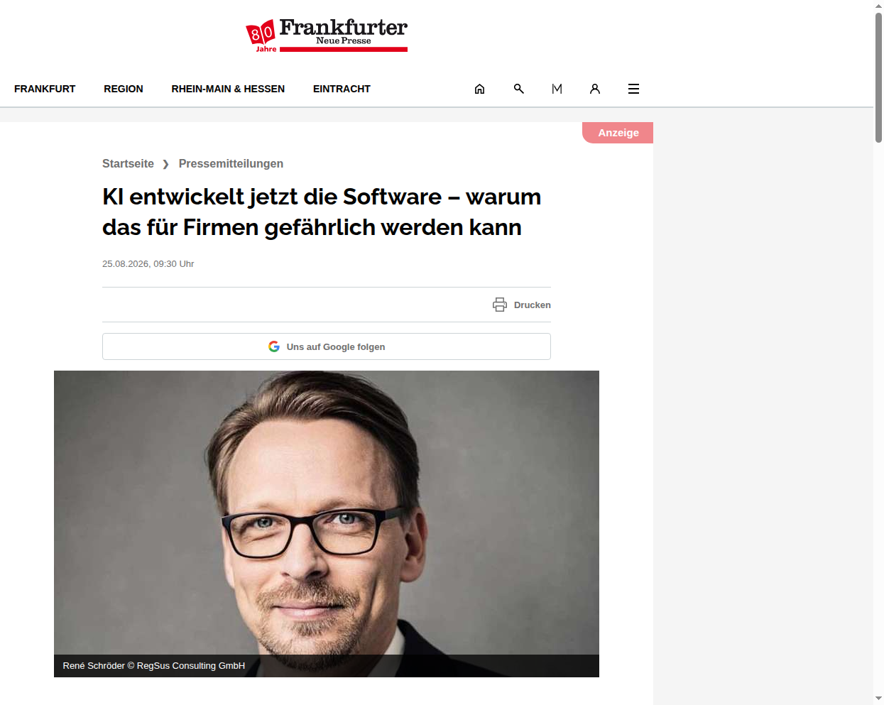 Artikel bei Frankfurter Neue Presse: KI entwickelt jetzt die Software – warum das für Firmen gefährlich werden kann