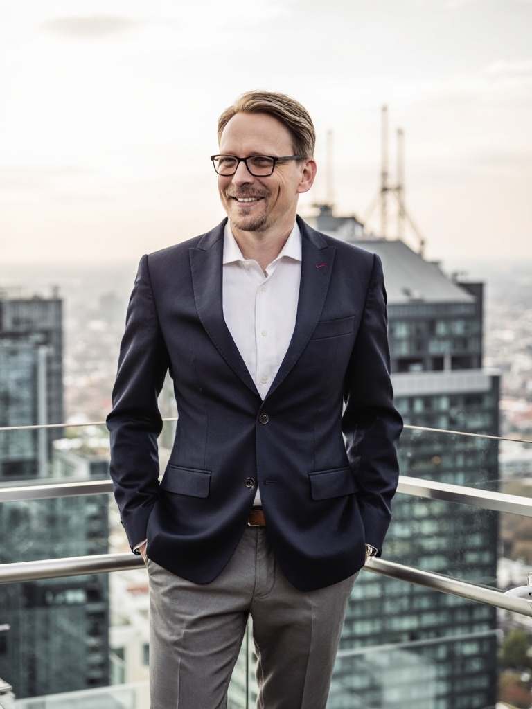 René Schröder auf einer Dachterrasse über der Skyline, dunkelblauer Blazer — Porträt zum Beitrag über Teamgröße