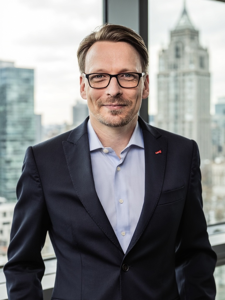 René Schröder vor einer Fensterfront mit Hochhäusern, dunkelblaues Sakko und hellblaues Hemd. Porträt zum Beitrag über IT-Kosten und ihre Sichtbarkeit