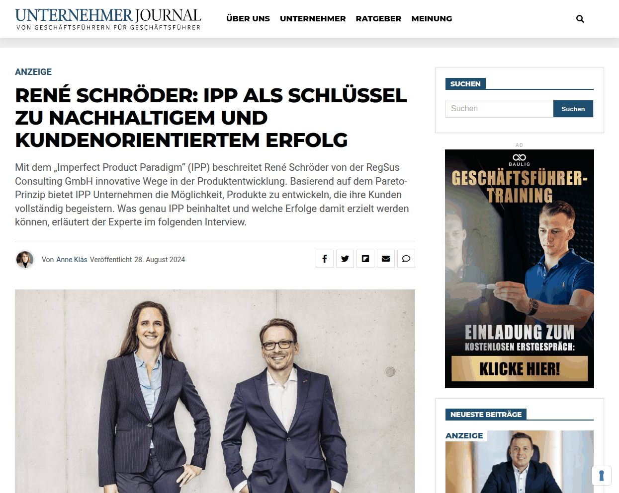 Artikel bei Unternehmerjournal: René Schröder im Interview